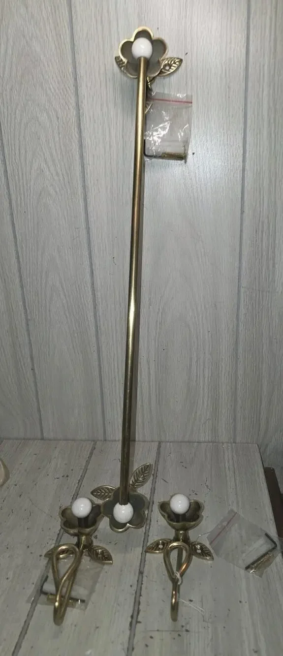 Anthropologie Nena Brass Towel Bar & 2 Gold Bath Hooks Flower Ends With Pearls